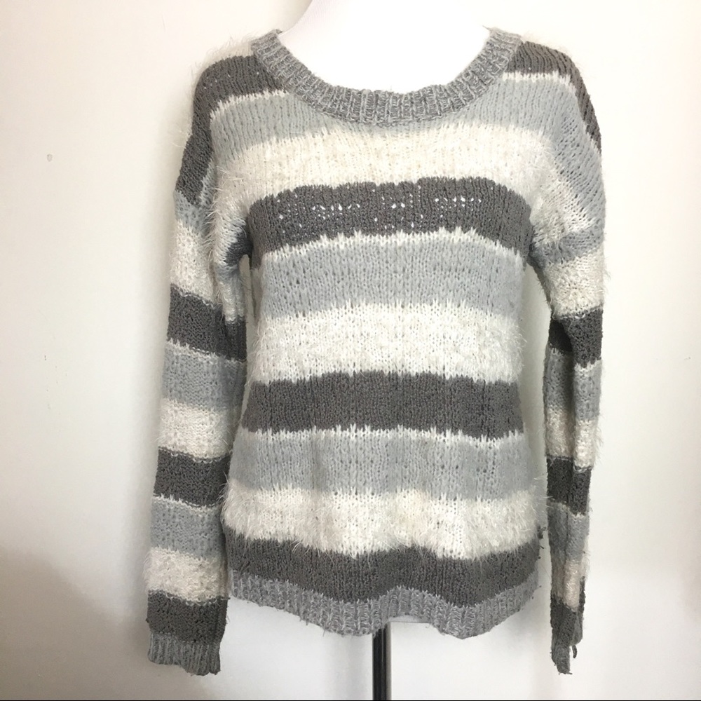 SUSS ANTHRO gray and white fuzzy striped sweater M